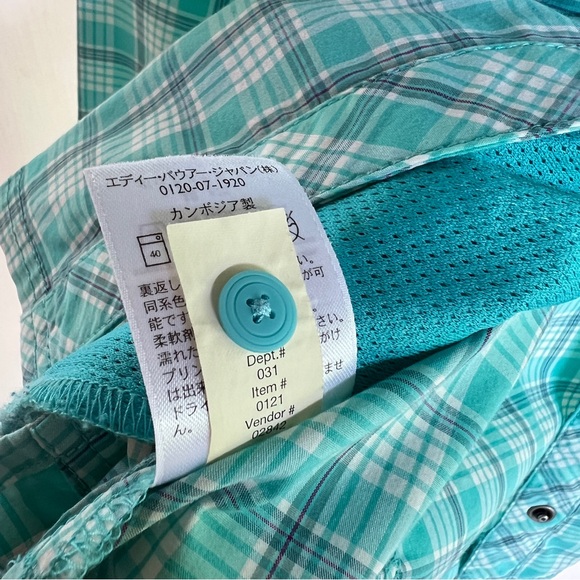 Eddie Bauer Plus Size 2XL Aqua Plaid Long Sleeve Summer Blouse Front Zip Pockets - Picture 13 of 14